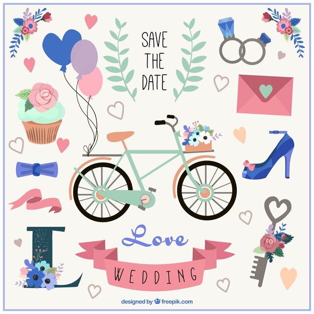 bicicleta lindo y elementos de la boda