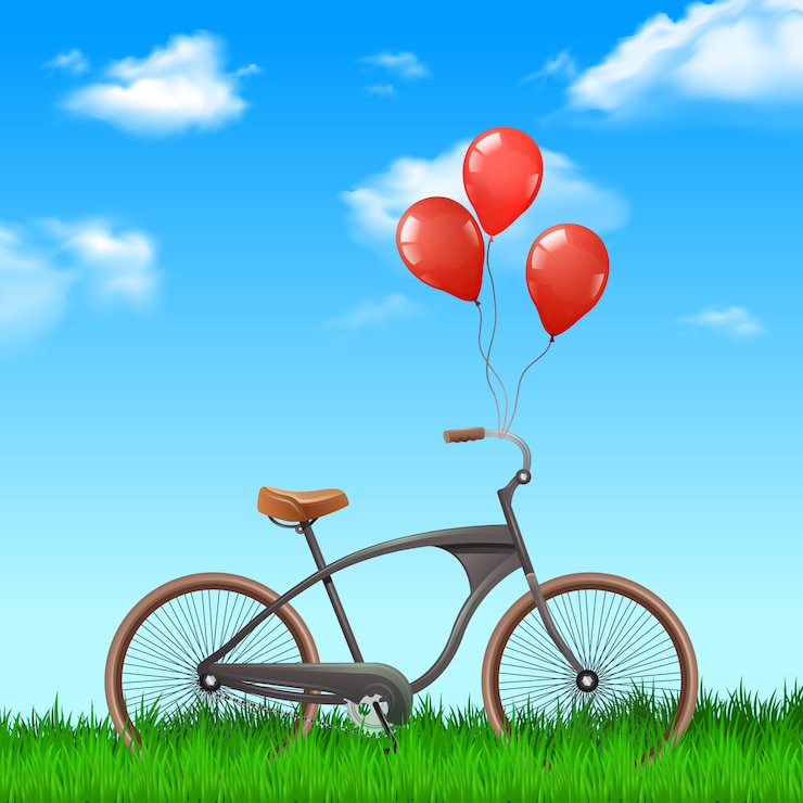 Vector gratuito bicicleta realista con globos rojos sobre fondo de naturaleza