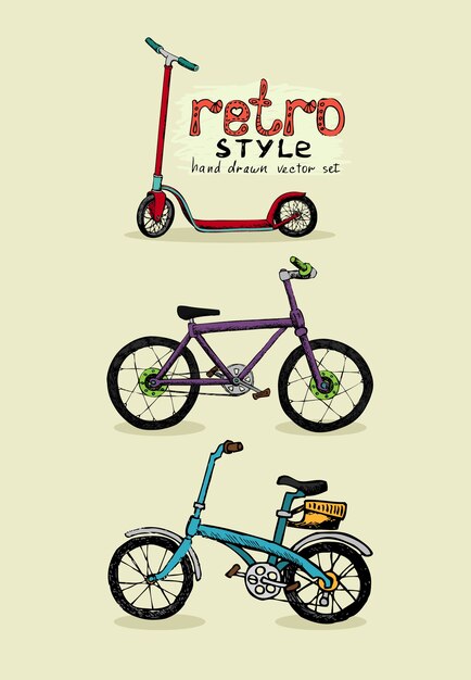 bicicletas hipster y scooter dibujado a mano
