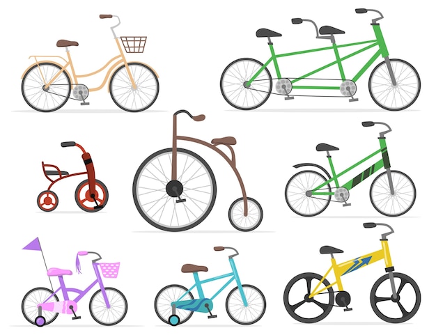 Bicicletas modernas y retro plano para diseño web. Dibujos animados de dibujo de ciclos antiguos y lindas bicicletas en colores brillantes colección de ilustraciones vectoriales aisladas. Concepto de transporte, ciclismo y carrera.