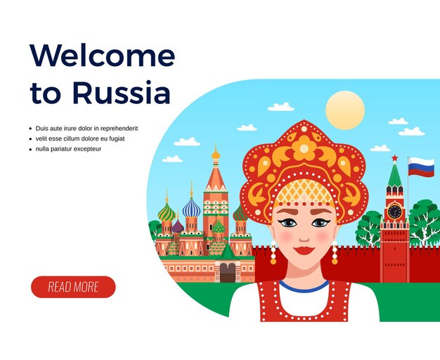 Bienvenido a la agencia de viajes de composición plana de Rusia que anuncia con una chica en sarafan y kokoshnik