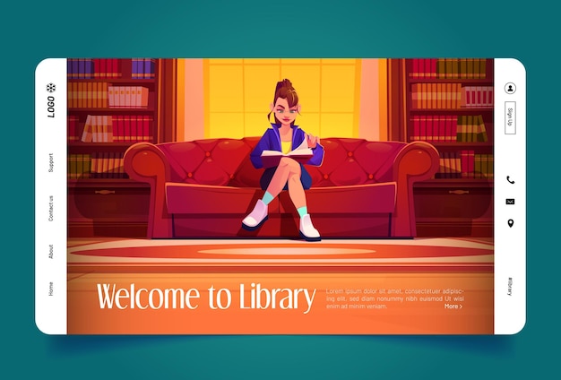 Vector gratuito bienvenido al banner de la biblioteca con un libro de lectura de niña