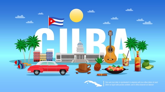 Bienvenido a la ilustración de Cuba con ilustración de vector plano de elementos de resort y vacaciones