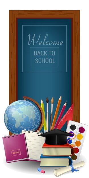 Bienvenido de nuevo a las letras de la escuela en marco, globo y suministros