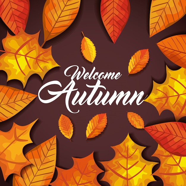 Bienvenido otoño con hojas tarjeta de felicitación