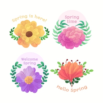 Bienvenido primavera insignias en diseño de acuarela
