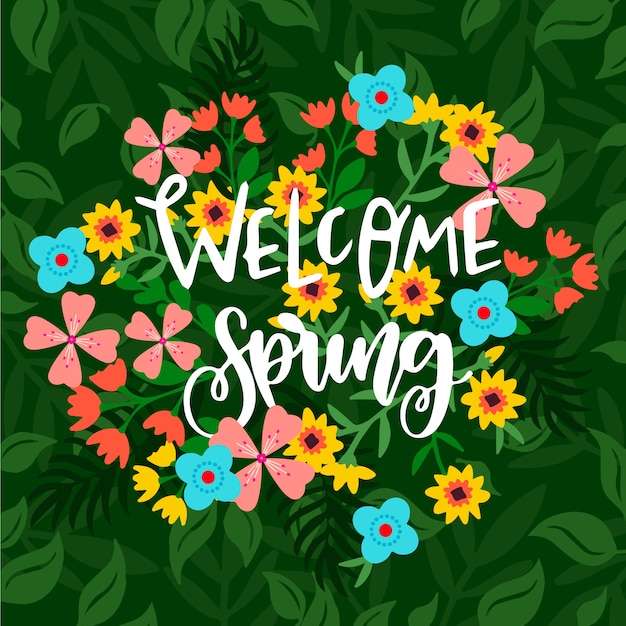 Vector gratuito bienvenido primavera letras con flores de colores
