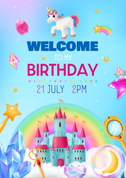 Bienvenido a la tarjeta de invitación de cumpleaños decorada con objetos de dibujos animados mágicos de fantasía ilustración vectorial realista