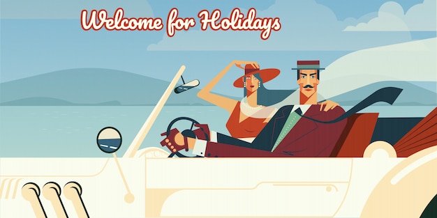 Bienvenido a vacaciones ilustración retro del hombre y la mujer conduciendo en el coche descapotable de la vendimia.