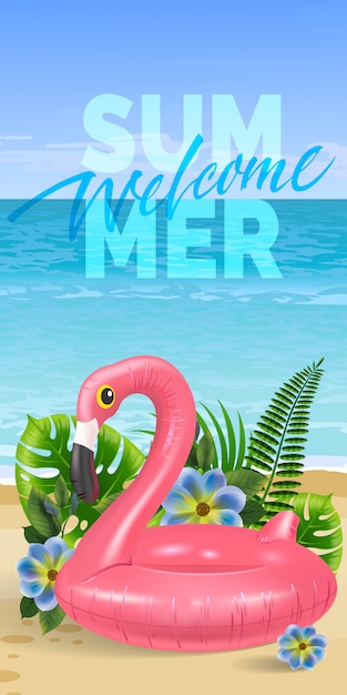 Bienvenido verano, banner de temporada con hojas de palmera, flores azules, flamenco rosa de juguete