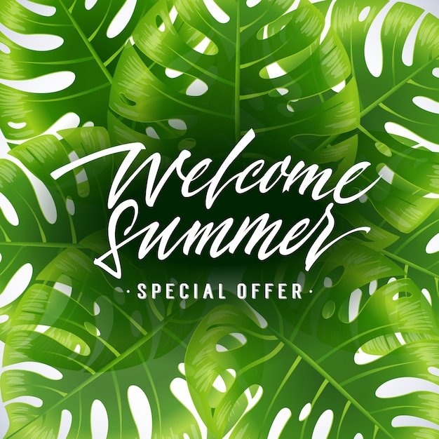 Bienvenido verano, cartel de oferta especial con hojas tropicales exóticas sobre fondo blanco