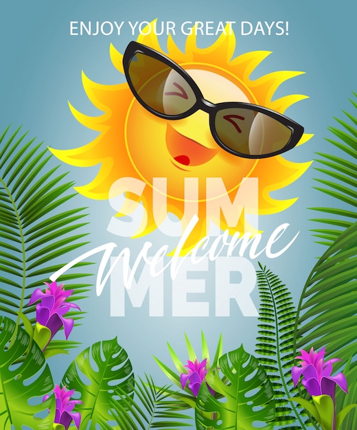 Vector gratuito bienvenido verano letras con sonriente sol en gafas de sol. oferta de verano