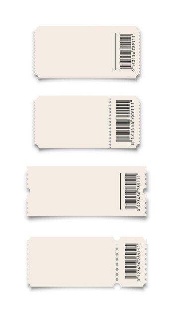 Billete blanco o cupón con plantillas de código de barras aisladas en fondo blanco.