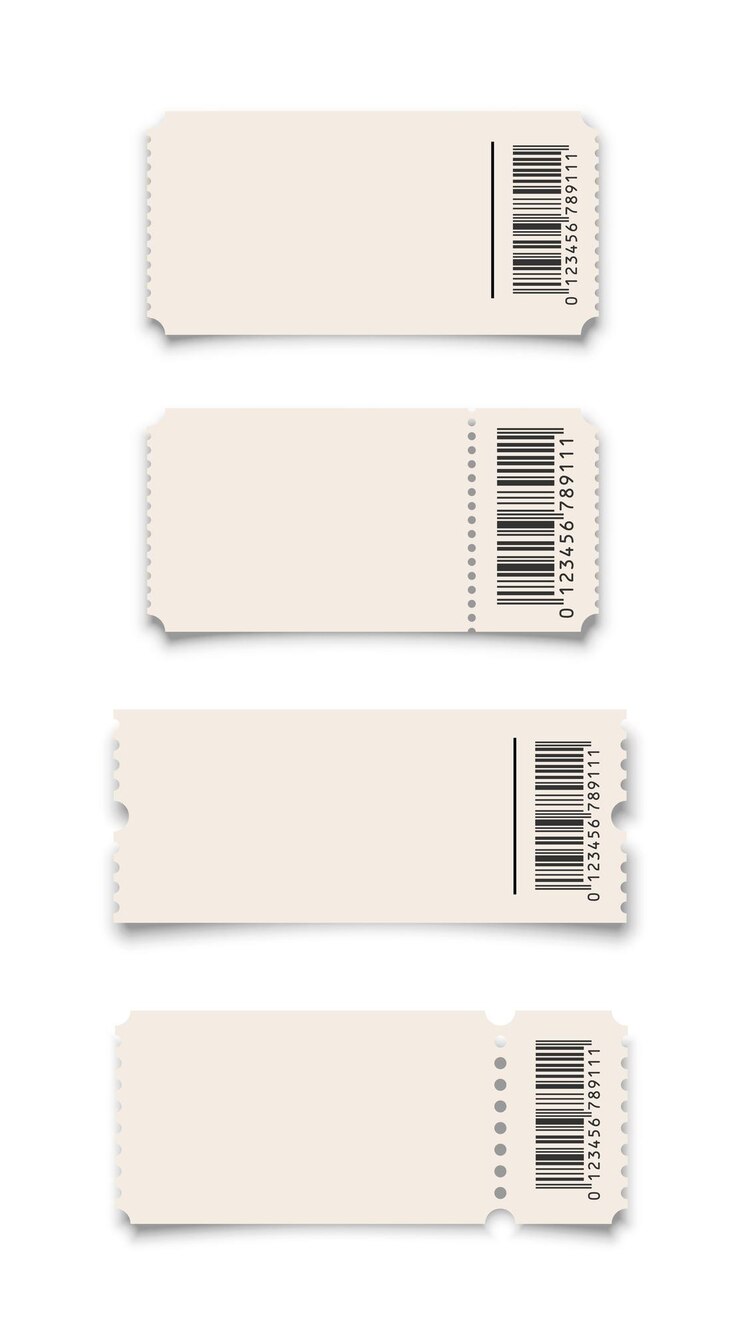 Billete blanco o cupón con plantillas de código de barras aisladas en fondo blanco.