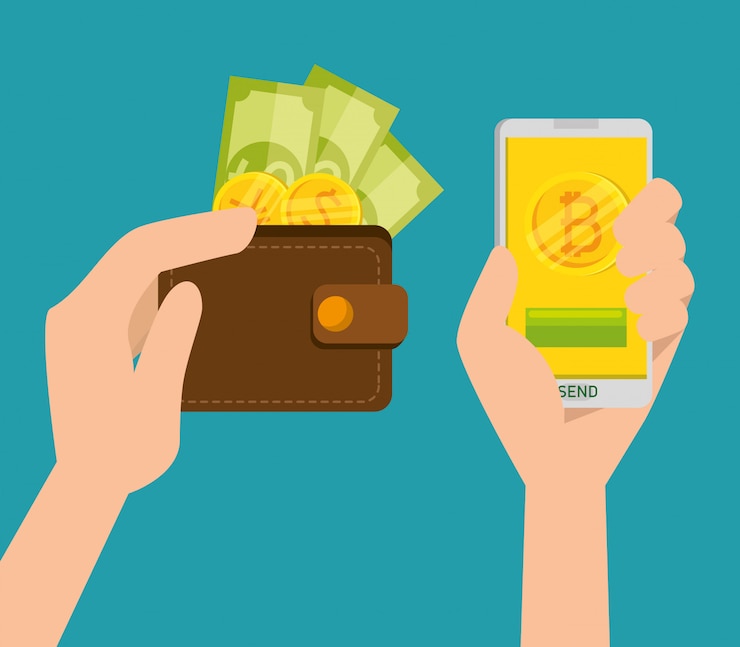 Vector gratuito billetera con monedas y billetes y teléfonos móviles con manos, bitcoin