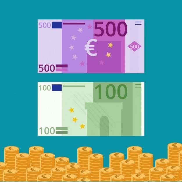 Vector gratuito billetes y monedas de euro en diseño plano