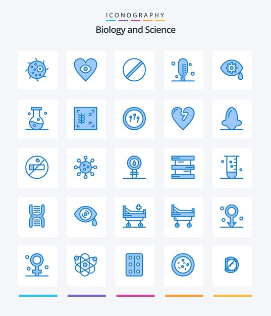 Biología creativa 25 paquete de iconos azules como biología ojo química corrección médica