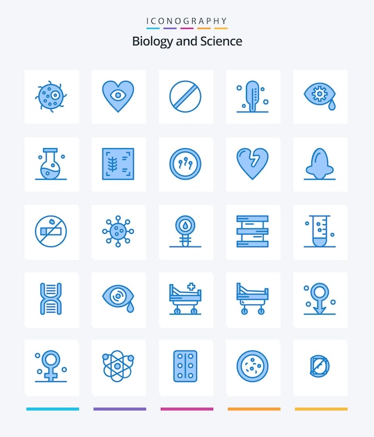 Biología creativa 25 paquete de iconos azules como biología ojo química corrección médica