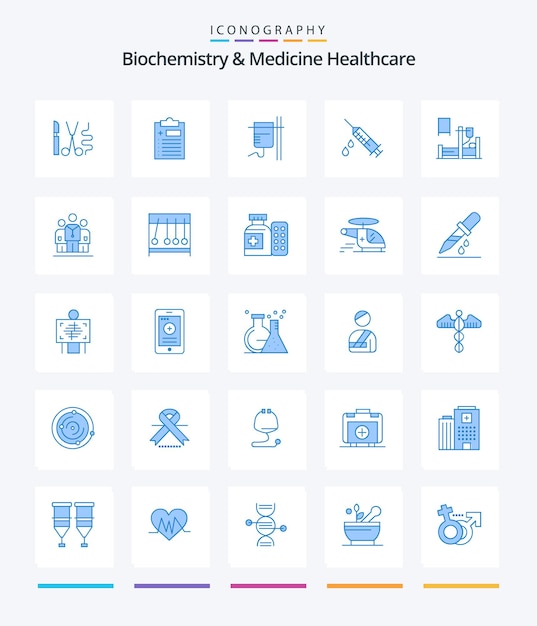 Bioquímica creativa y medicina Cuidado de la salud 25 Paquete de iconos azules, como drogas por goteo, atención médica, droga médica
