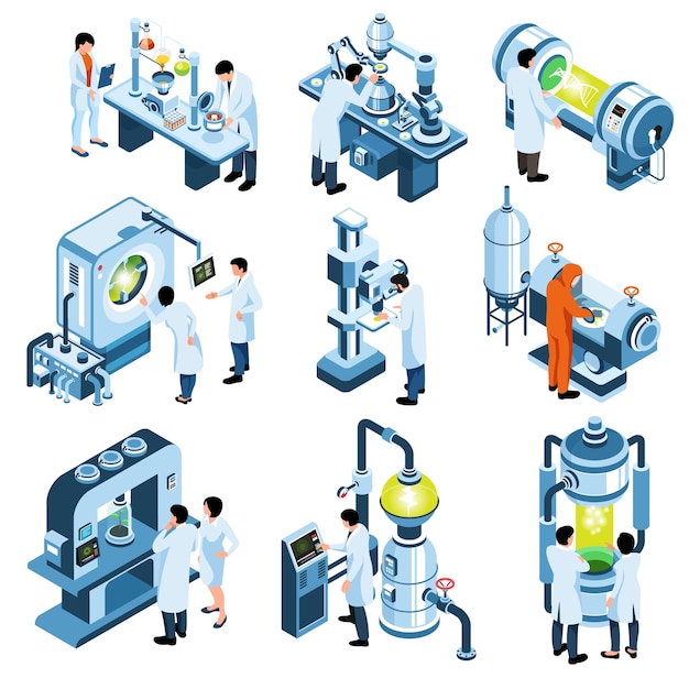 Biotecnología conjunto isométrico de científicos que trabajan en laboratorio con equipos modernos ilustración vectorial aislada