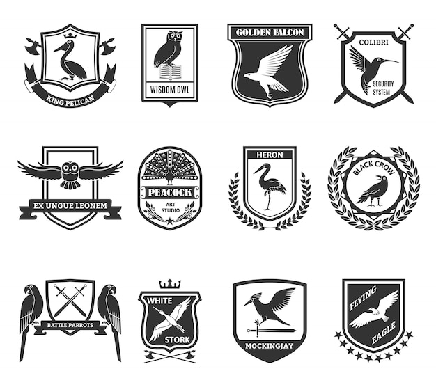 Birds emblems black icons collection