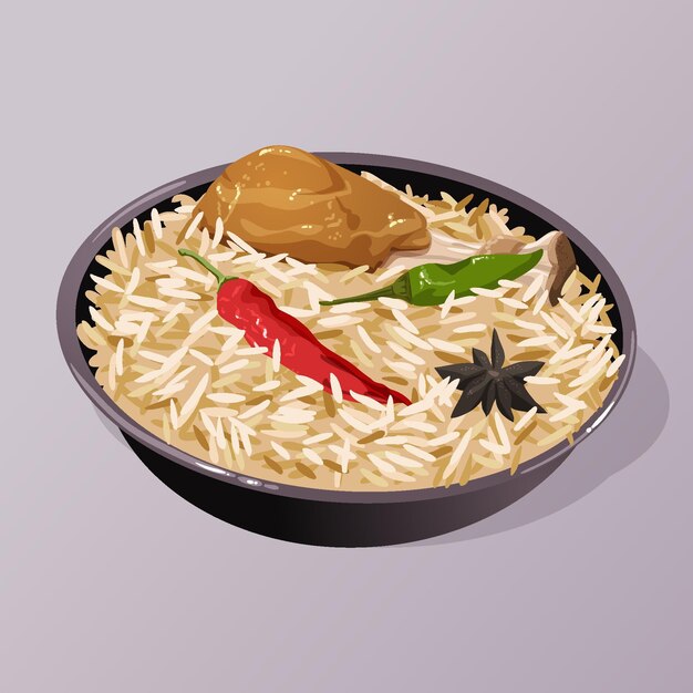 Biryani de pollo delicioso dibujado en un tazón