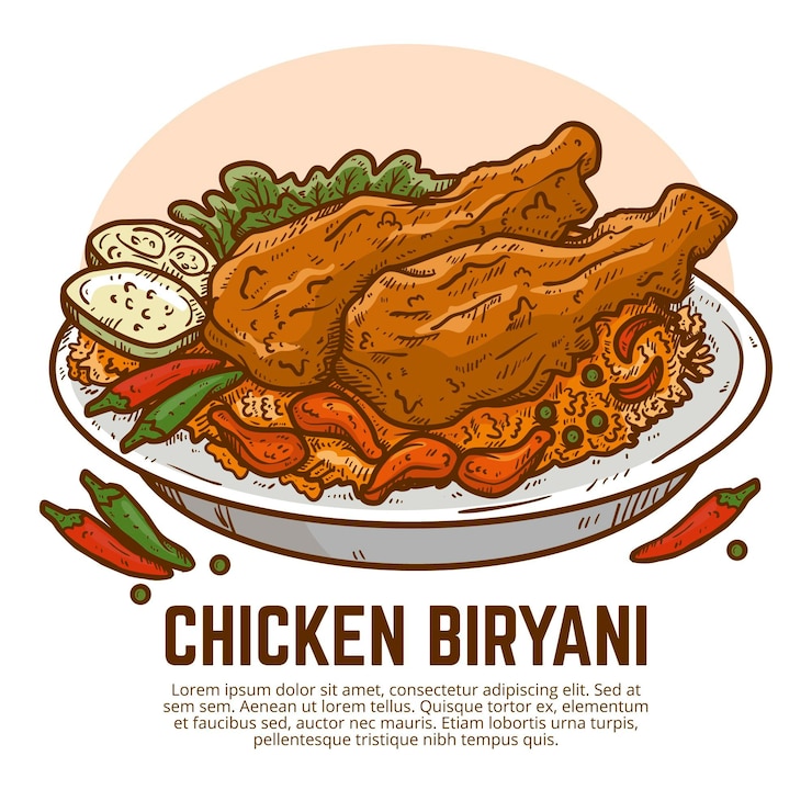 Vector gratuito biryani de pollo dibujado a mano