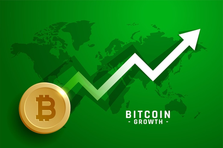 Vector gratuito bitcoin dorado con flecha de crecimiento sobre fondo verde con mapa mundial