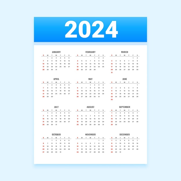 blanco y azul vector de diseño de plantilla de calendario de planificador anual 2024