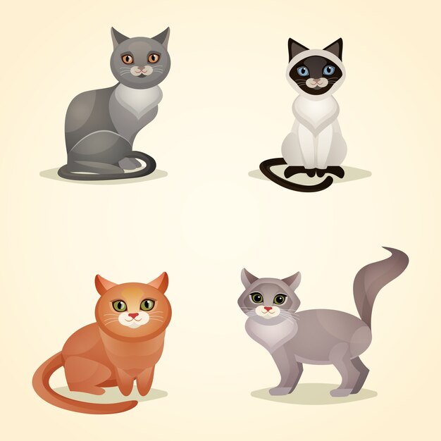 Blanco gris y marrón sentado gatos establecer aislado ilustración vectorial