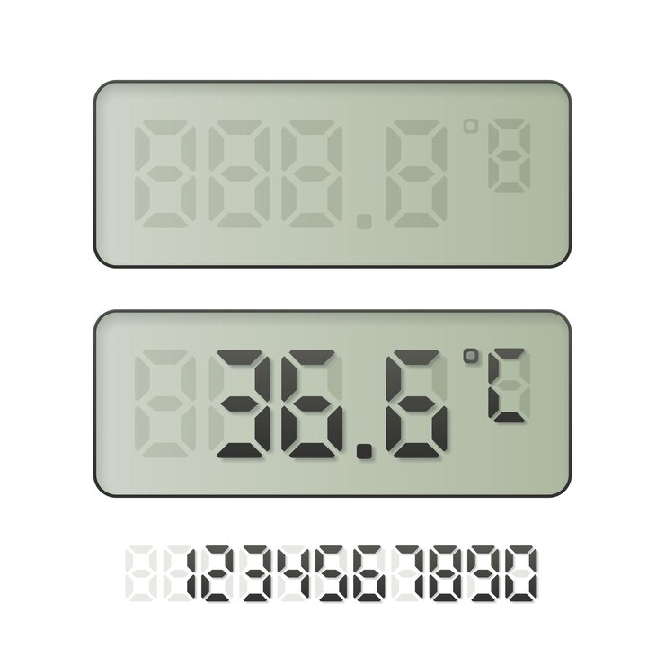 En blanco y mostrando pantallas de termómetro de temperatura normal Conjunto de números digitales grises