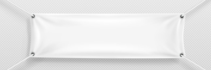 Vector gratuito blanco realista colgar tela en blanco lienzo horizontal banner signo vector en cuerda para publicidad 3d material textil vacío cartel maqueta conjunto aislado sobre fondo transparente letrero de tela colgante