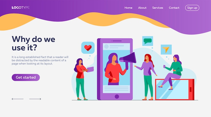 Vector gratuito blogger que promociona la plantilla de página de destino del producto