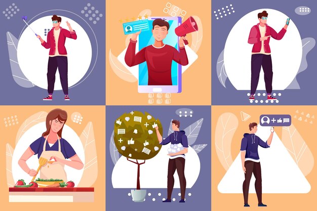 Blogger seis composiciones cuadradas de personas que representan un nuevo producto por teléfono inteligente a través de canales sociales personales ilustración plana