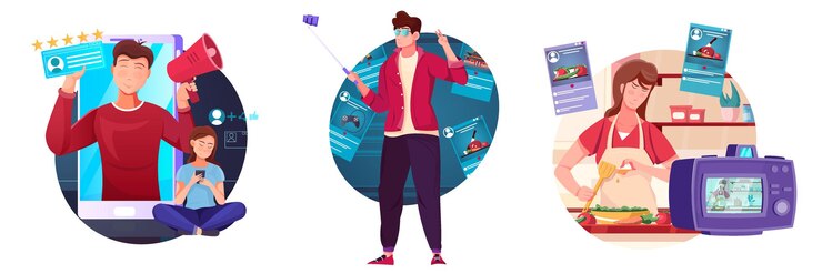 Vector gratuito blogger tres composiciones de colores con jóvenes que promueven servicios y bienes para sus seguidores en línea ilustración vectorial aislada