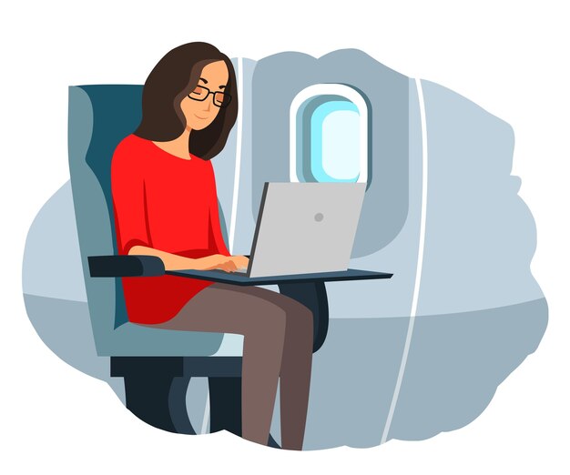 Blogger de viajes escribiendo en una computadora portátil en un avión mujer joven que viaja trabajando y blogueando en una computadora en el aire Chica creativa de trabajo en línea sentada en un asiento interior cerca de la ventana