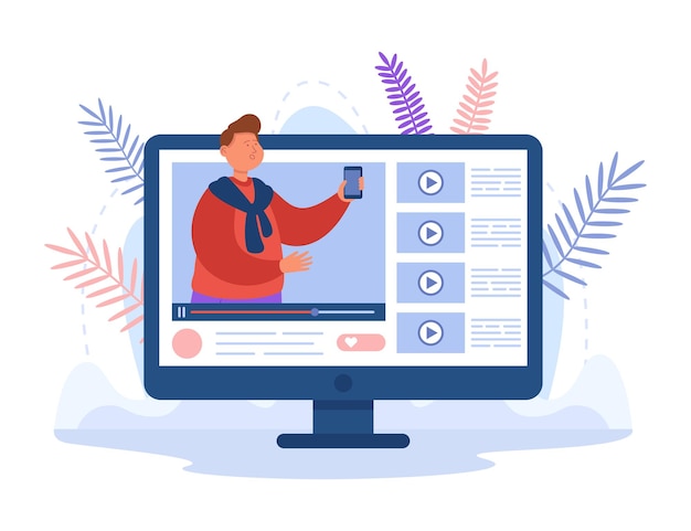 Blogger de video en la pantalla de la computadora con publicidad de teléfono nuevo. Hombre publicando vlog o revisión de teléfono inteligente en la ilustración de vector plano de canal. Tecnología, concepto de marketing para banner o página web de destino.