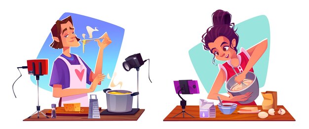 Bloggers de comida masculinos y femeninos cocinando ante la cámara