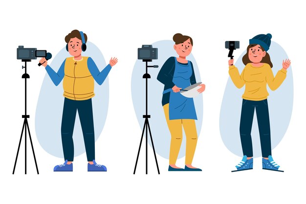 Bloggers dibujados a mano con dispositivos.