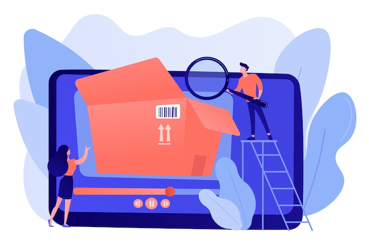 Vector gratuito bloggers con lupa mirando dentro de la caja con nuevo video de compra. unboxing de video, video de revisión de producto, concepto de contenido de dispositivo de compra