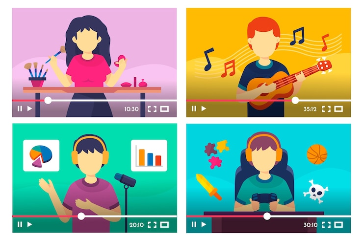 Vector gratuito bloggers en pantalla que realizan diversas actividades