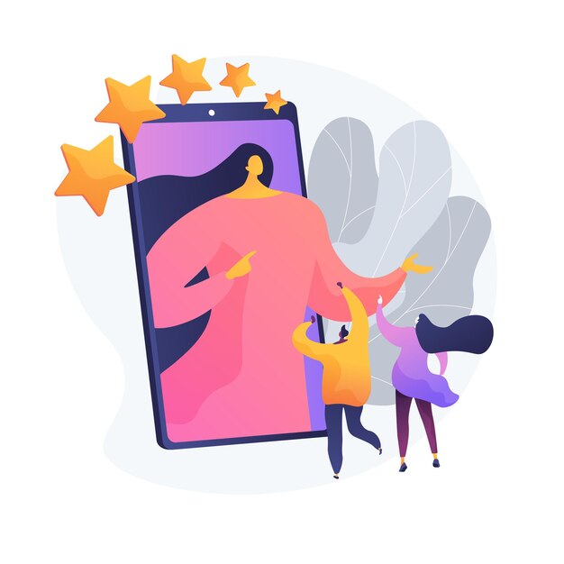 Blogs en redes sociales, promoción en línea, popularidad en la red. Compartir foto, llenar contenido. Personajes de dibujos animados de blogger y seguidores. Ilustración de metáfora de concepto aislado de vector.