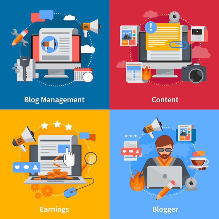 Vector gratuito blogueando elementos planos y juego de caracteres con contenido de administración de blog de blogger y pendientes en fondos coloridos aislados ilustración vectorial