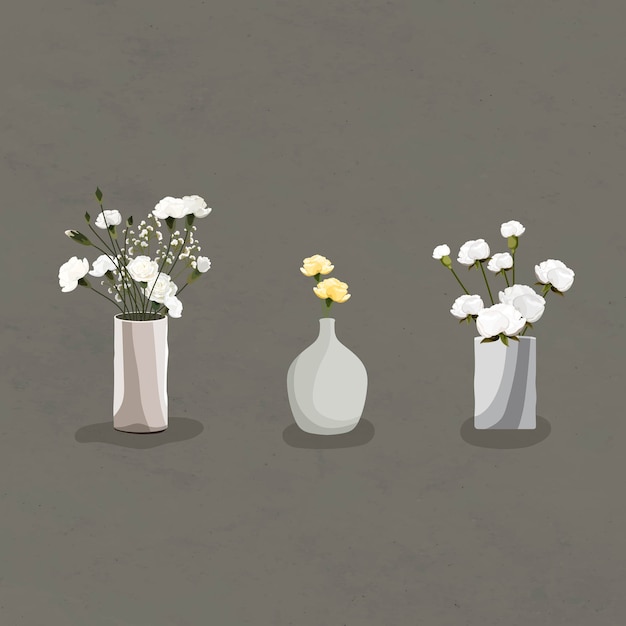 Blooming Billy Balls y claveles blancos en vector de elementos de diseño de jarrones