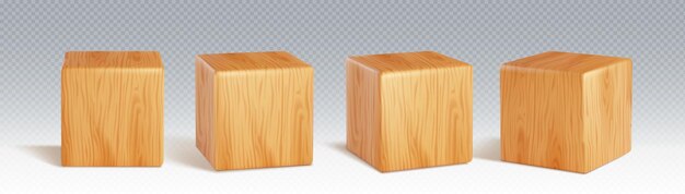Bloque de cubo de madera conjunto de ilustración vectorial 3D realista plataforma cuadrada o ladrillo de juguete con textura de madera juego cúbico de dados de 6 lados o elemento de caja para niños de educación o podio rectangular y pedestal