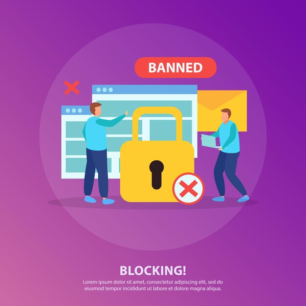Bloqueo de personas de chat en línea composición plana redonda con candado amarillo signo de prohibición de la cruz roja
