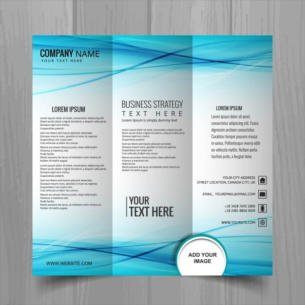 Blue brochure with wavy lines, triptych