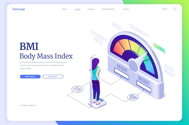 Vector gratuito bmi, banner de página de destino isométrica de índice de masa corporal