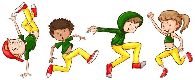 Un boceto de los bailarines con trajes verdes y amarillos.
