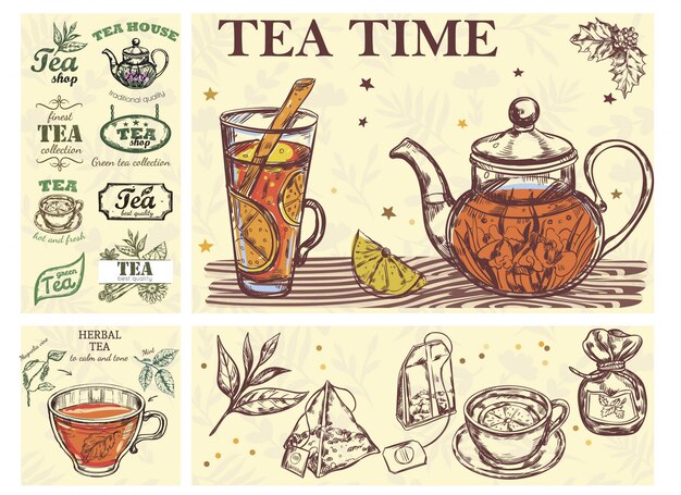 Boceto concepto colorido de la hora del té con tetera taza de vidrio de bolsas de hierbas para bebidas y etiquetas de té